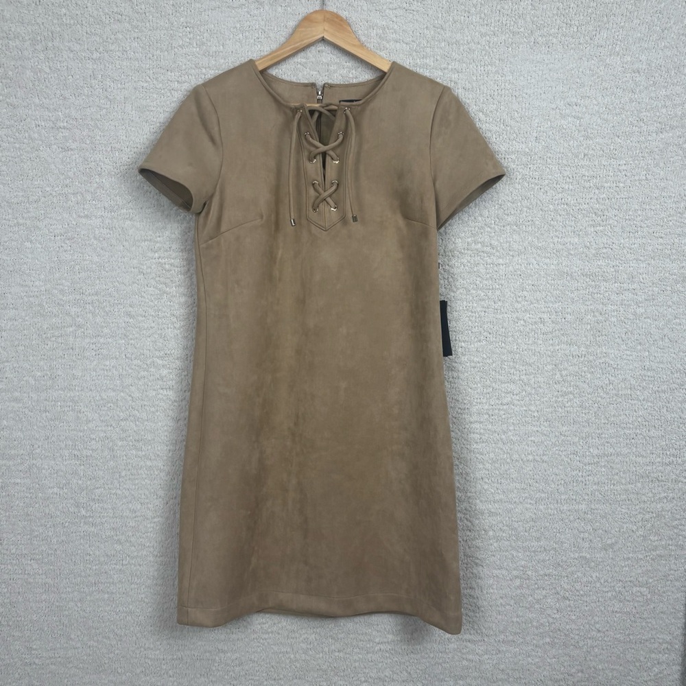 Tommy Hilfiger Dress Womens 6 Tan Lace-Up Scuba Faux-Suede A-Line Back Zip Logo‎